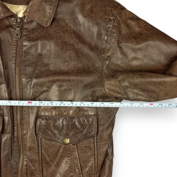 Paris Sport Club Sz Medium Brown Leather Bomber Jacket Front Pockets Fully Lined - Picture 7 of 16